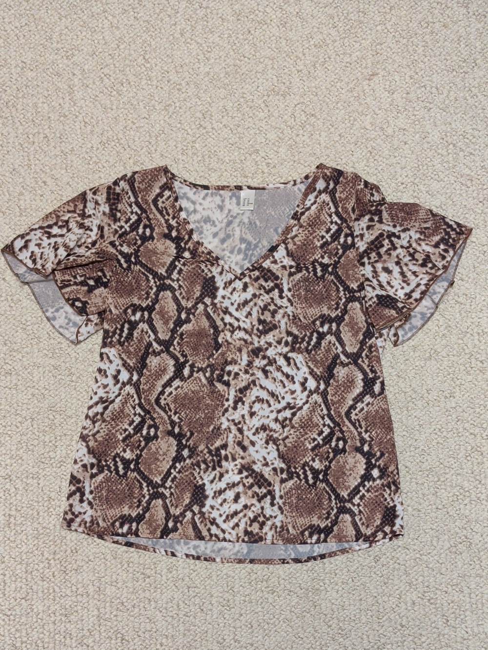 Snake-Print V-Neck Flutter Sleeve Top - Brown